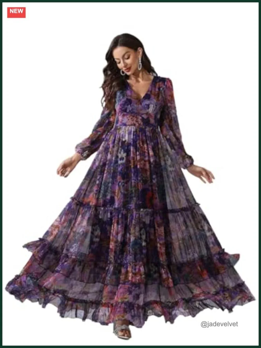 Boho Floral Maxi Dress V-Neck Long Sleeve Ruffle Tiered A-Line